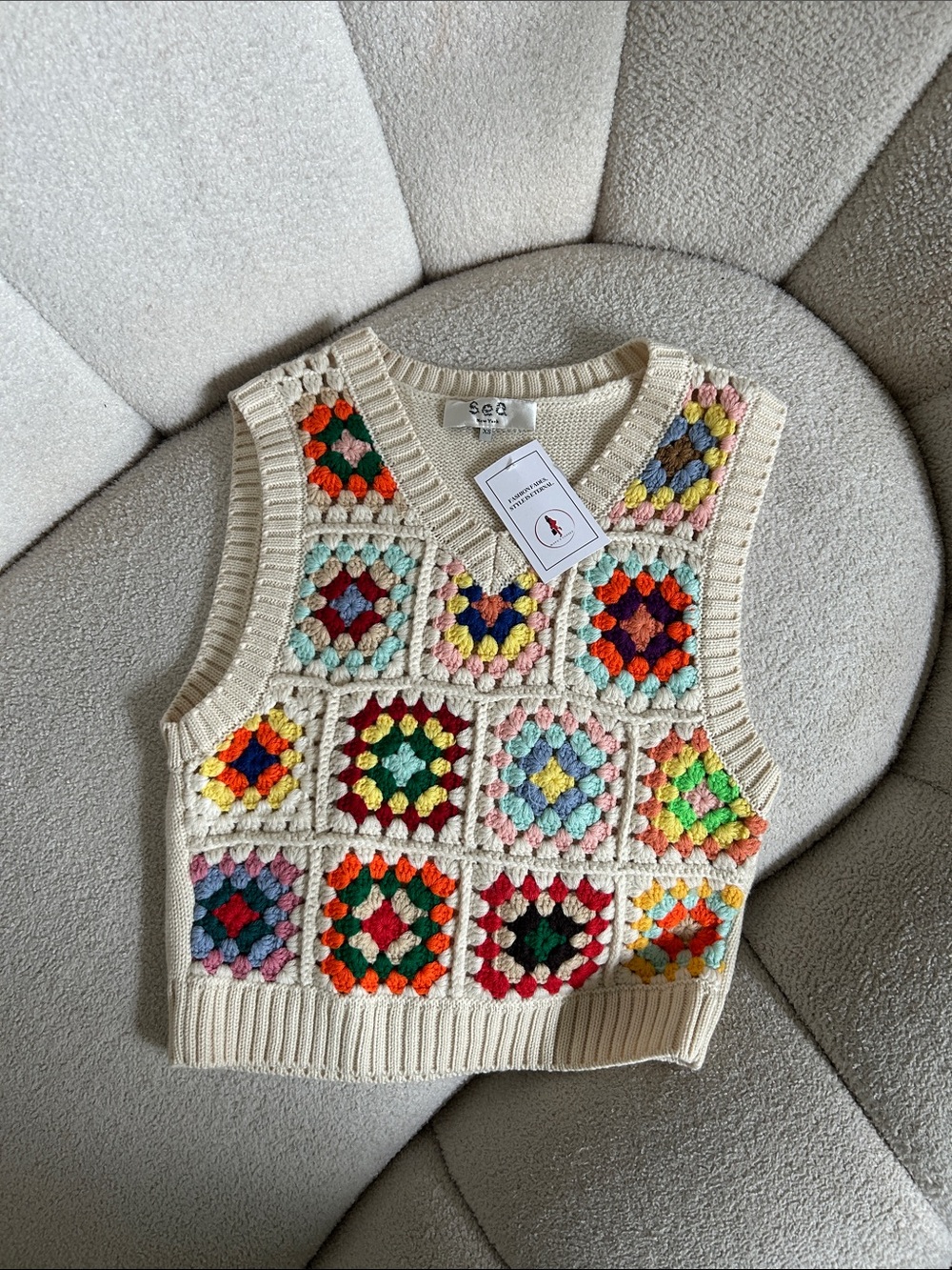 Sea New York Cream Crocheted Multicolor Granny Square Vest